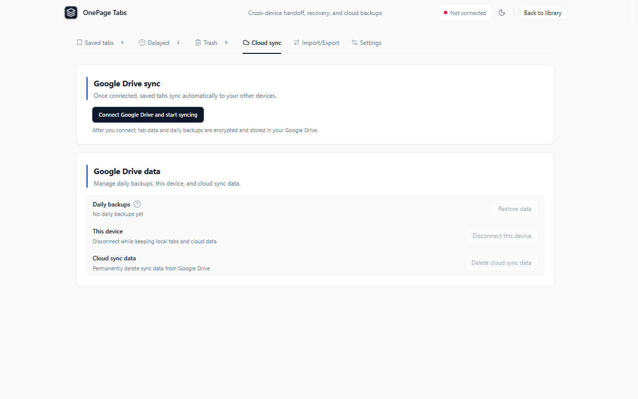 OnePage Tabs Google Drive sync screen with connect, daily backup, restore, disconnect, and cloud deletion controls