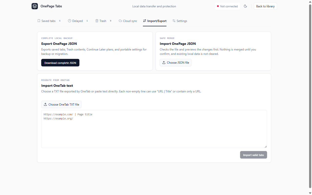 OnePage Tabs import and export screen with complete JSON backup, safe JSON merge, and OneTab text migration