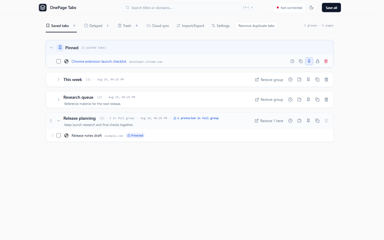 OnePage Tabs library showing a pinned tab, a delayed item count, a protected tab, and the Save all action